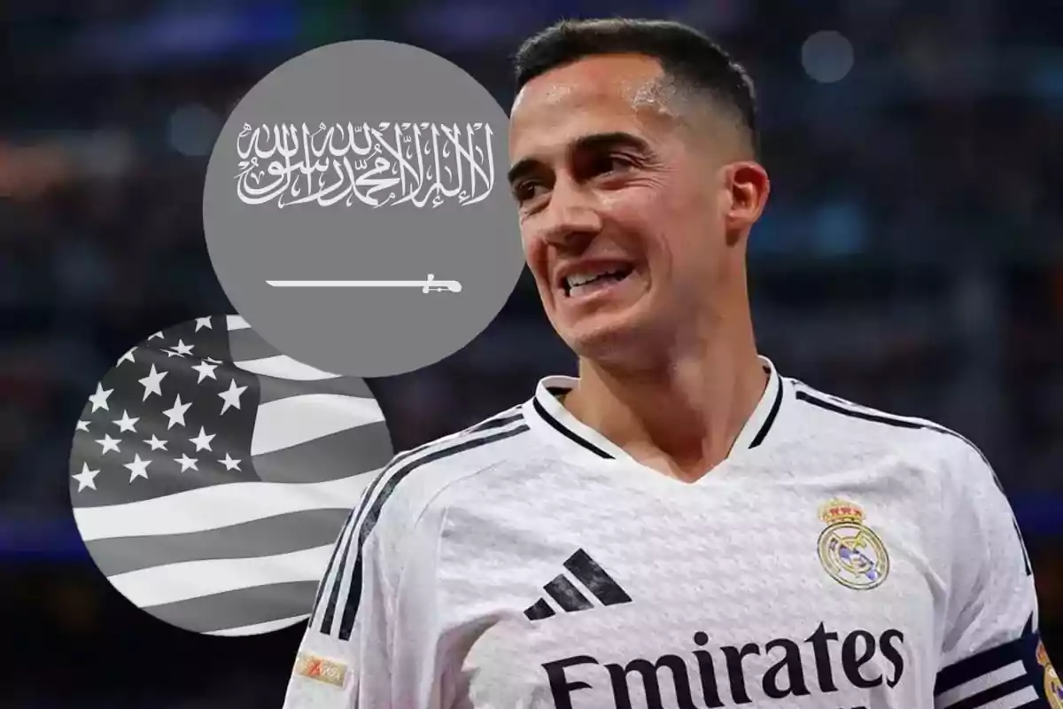 Smiling Real Madrid player with two black and white flags in the background, one from the United States and the other from Saudi Arabia