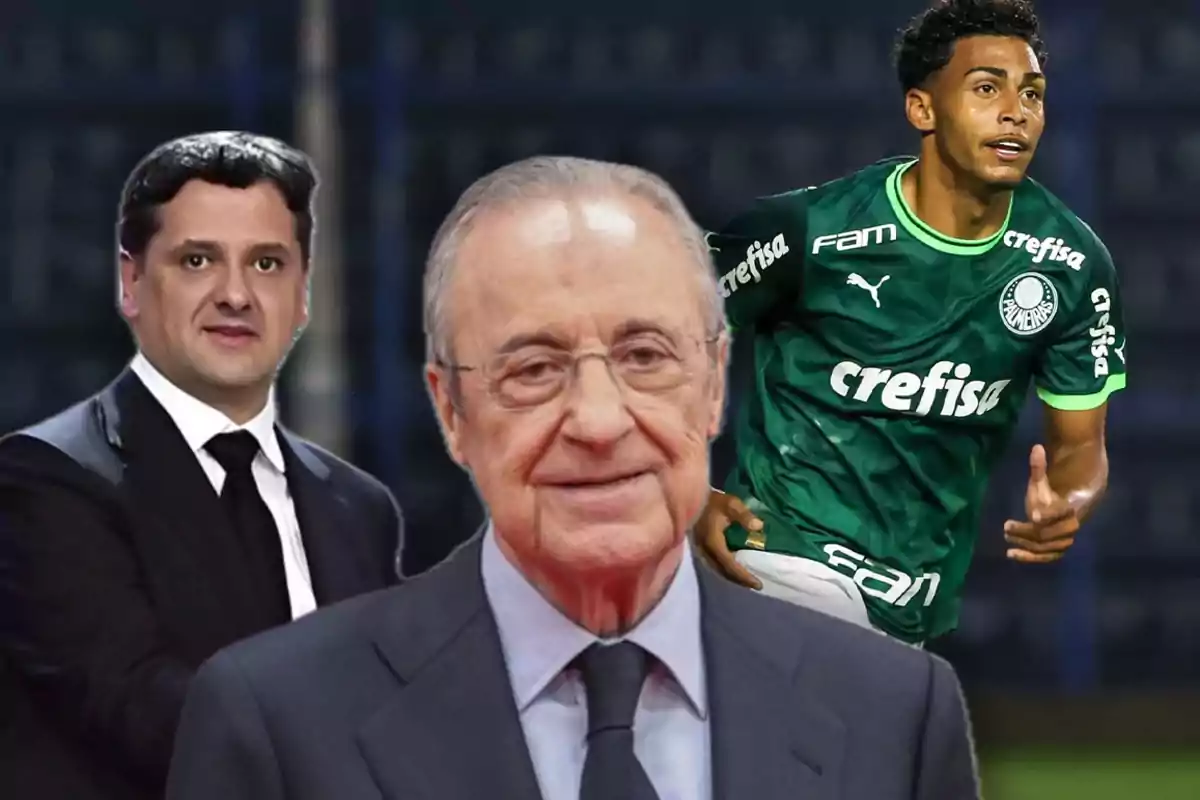 Three men, one in a dark suit, another in a gray suit, and the third in a green Palmeiras soccer uniform.