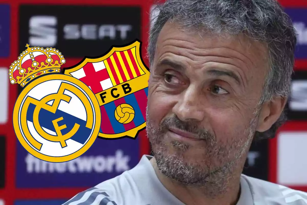 A smiling man with the logos of Real Madrid and FC Barcelona superimposed.