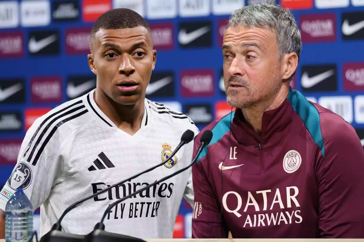 Two people at a press conference, one wearing a Real Madrid uniform and the other wearing a PSG uniform, both in front of microphones.