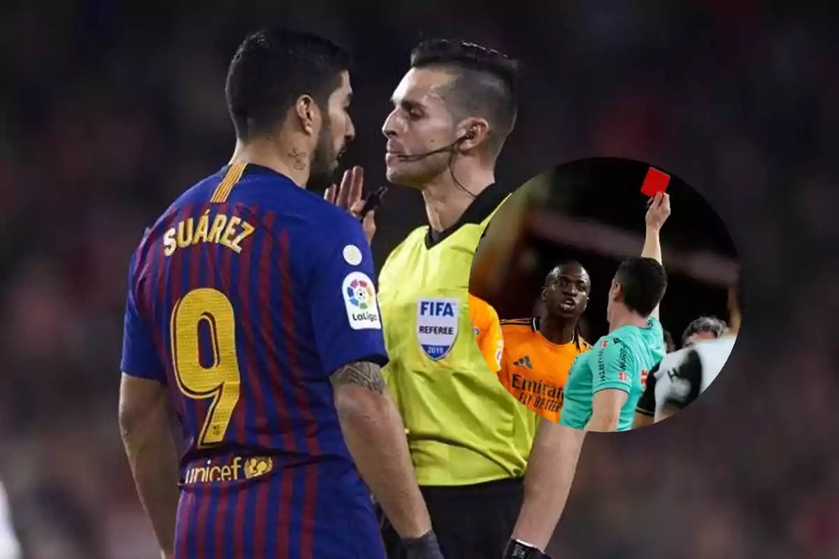 A soccer player argues with a referee on the field, while an inset shows another referee showing a red card to a player.