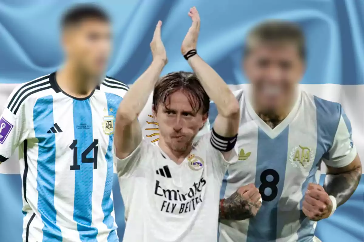 Three players wearing Argentina jerseys and a club team jersey, with the Argentine flag in the background.