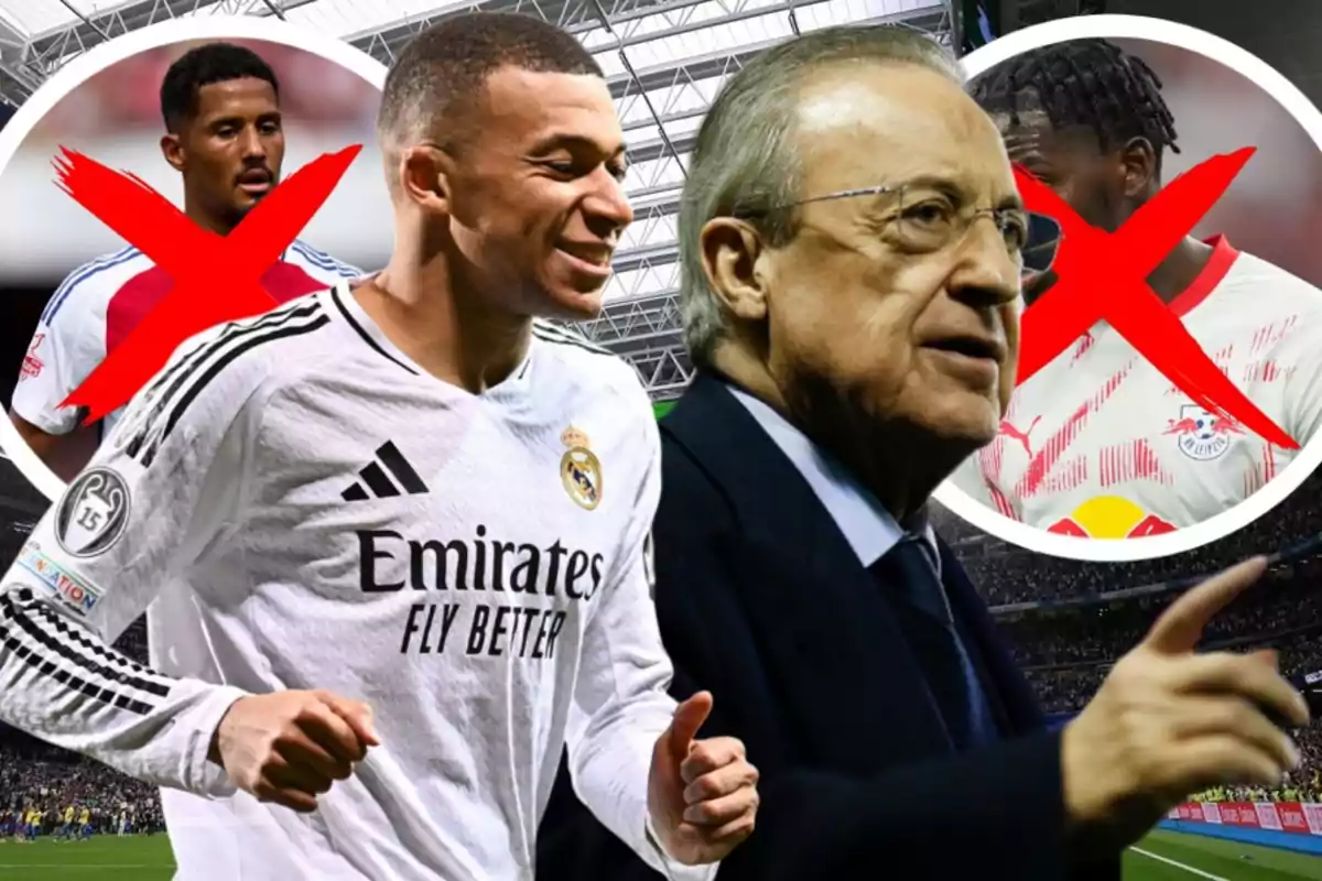 A player wearing a Real Madrid jersey smiles while an older person points, and in the background, there are two players crossed out with a red X.