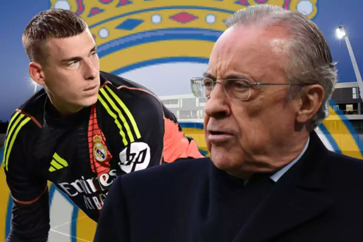 Un portero del Real Madrid y un hombre mayor de traje aparecen en primer plano con el escudo del club de fondo