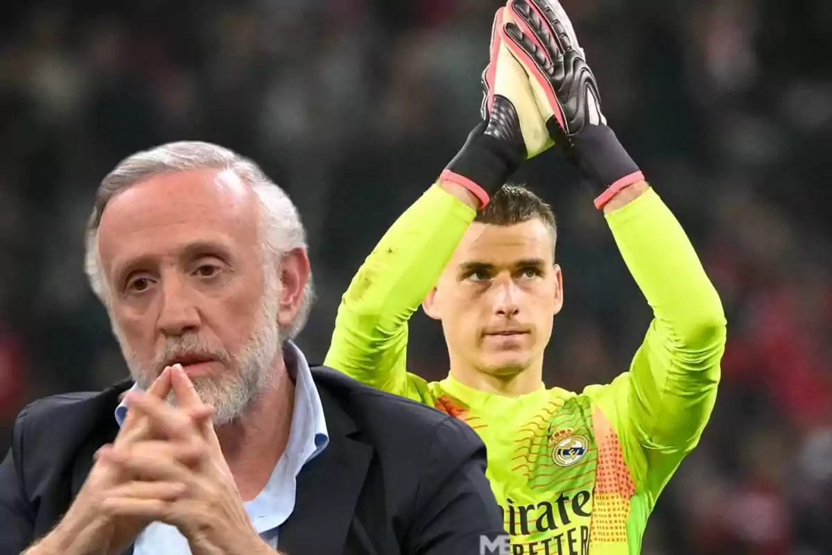 A gray-haired, bearded man with a serious expression in the foreground and a soccer goalkeeper in a green uniform clapping in the background