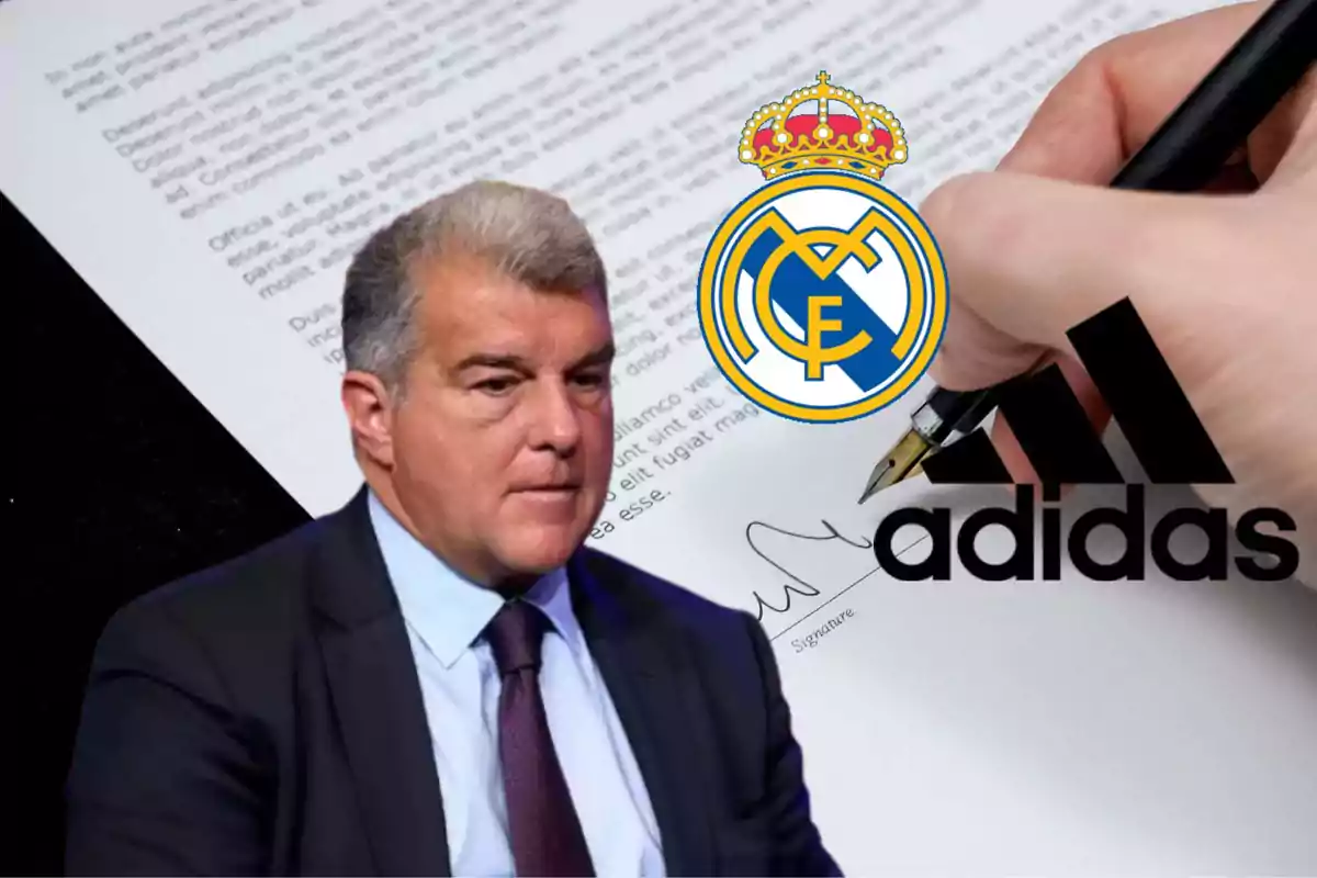 Un hombre en traje aparece frente a un documento con el logotipo del Real Madrid y Adidas.