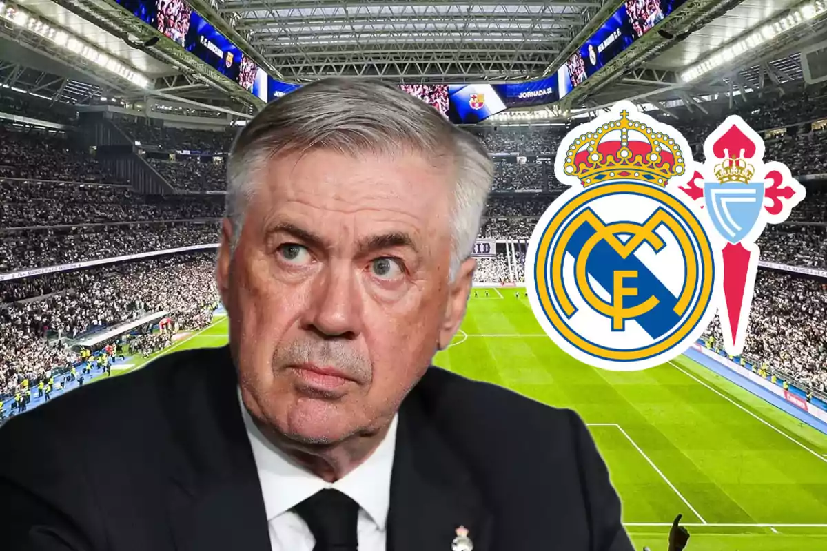 A man in a soccer stadium with the logos of Real Madrid and Celta de Vigo.