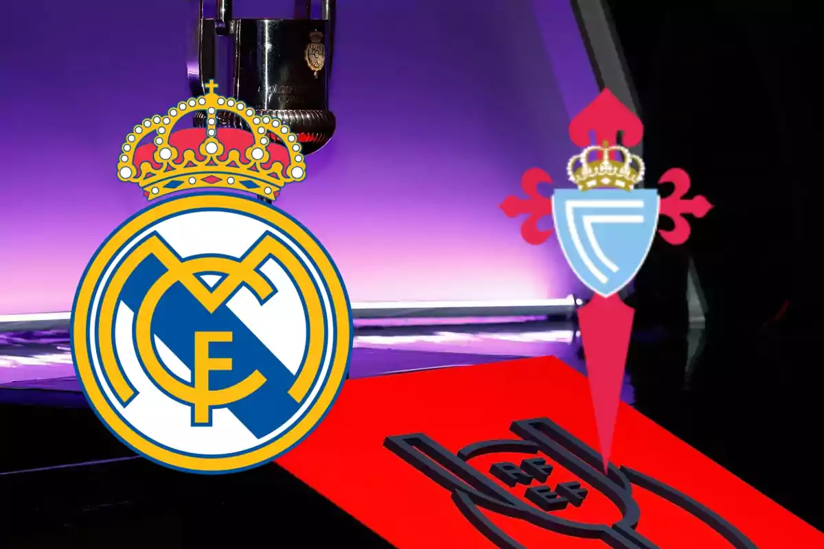 Logos de dos equipos de fútbol frente a un trofeo en un fondo iluminado.