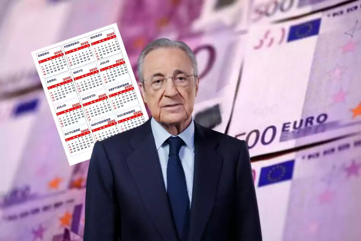 Un hombre de traje frente a un fondo de billetes de 500 euros con un calendario del año 2025 al lado.