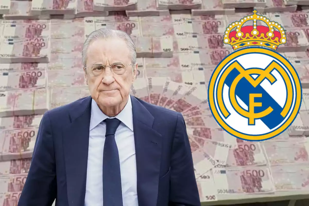 Hombre de traje con expresión seria frente a una gran cantidad de billetes de 500 euros y el escudo del Real Madrid