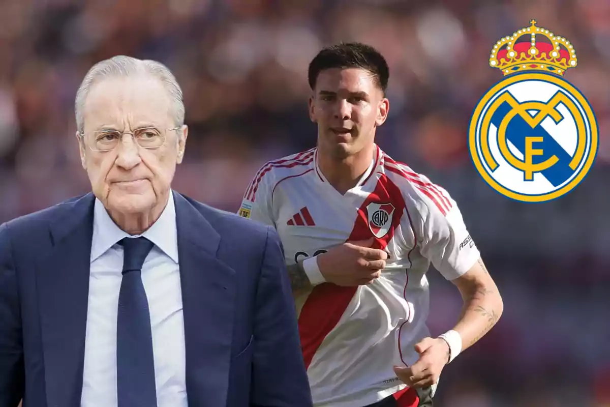 Un hombre de traje junto a un futbolista de River Plate y el escudo del Real Madrid al fondo