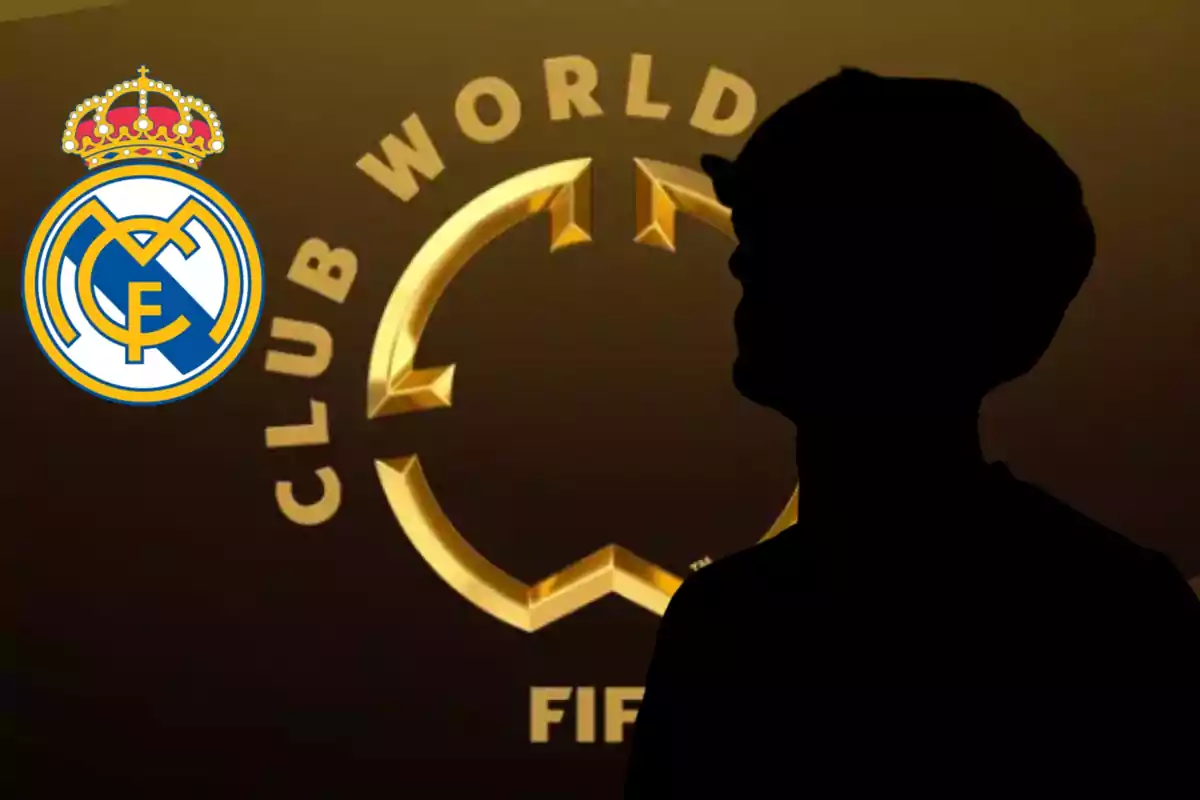 Silhouette of a person in front of the FIFA Club World Cup logo and the Real Madrid crest in the background.