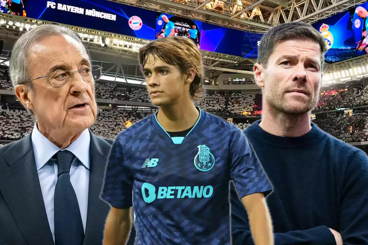Three men in a soccer stadium with a player in the center wearing the FC Porto uniform and two people beside him, one in a suit and the other in a sweater.