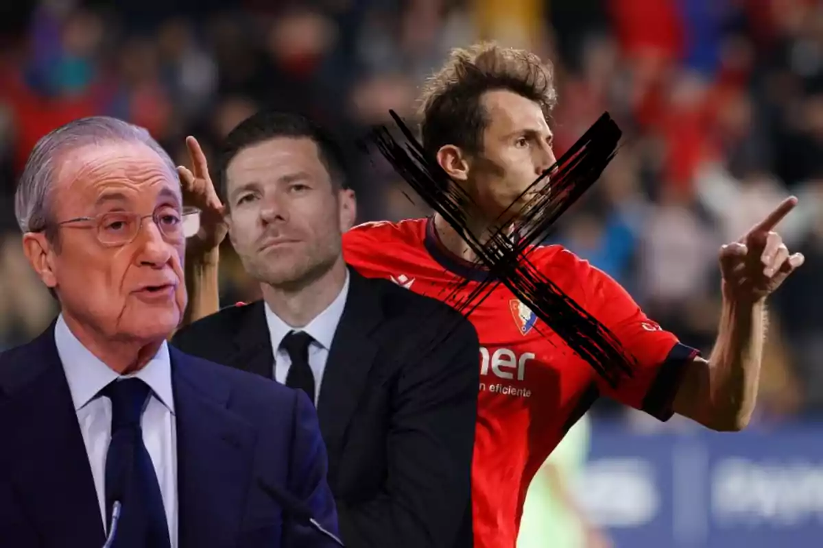 Three men in the foreground, two of them in suits and one in a red soccer uniform with a large black X over his image.