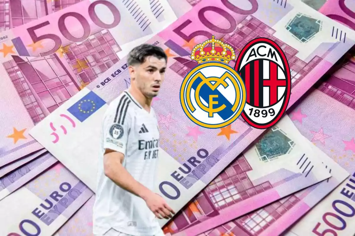 Un jugador de fútbol con la camiseta blanca del Real Madrid aparece sobre un fondo de billetes de 500 euros junto a los escudos del Real Madrid y el AC Milan.