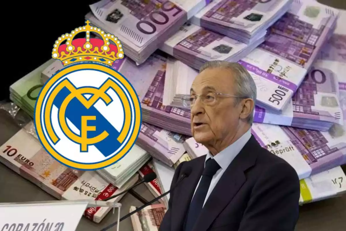 A man speaking in front of a microphone with the Real Madrid logo and stacks of euro bills in the background.