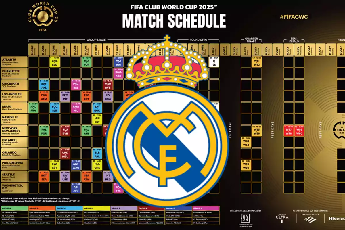 2025 FIFA Club World Cup schedule with Real Madrid logo superimposed.