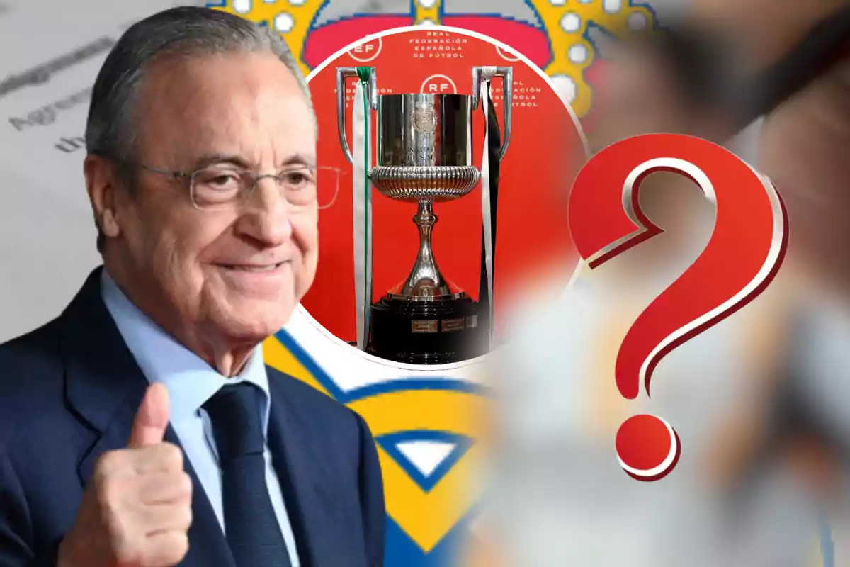 Un hombre sonriente con un gesto de aprobación, un trofeo en el centro y un signo de interrogación rojo a la derecha.