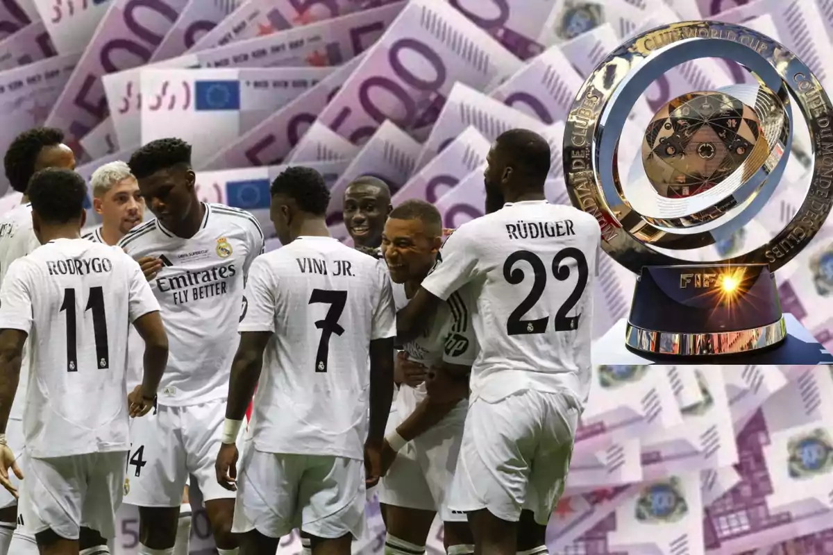 Jugadores del Real Madrid celebrando frente a un fondo de billetes de 500 euros y un trofeo del Mundial de Clubes