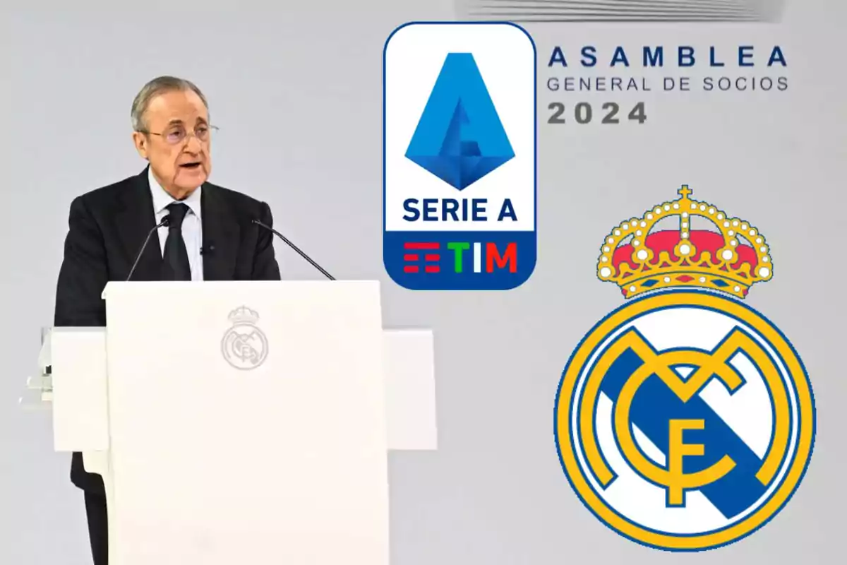 Un hombre hablando en un podio con el logo del Real Madrid y el de la Serie A TIM en el fondo durante una asamblea general de socios 2024.