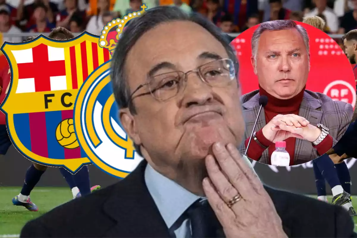 A man with a pensive expression appears in the foreground, with the FC Barcelona and Real Madrid crests behind him, while another man is seen in a press conference in a circle to the right.
