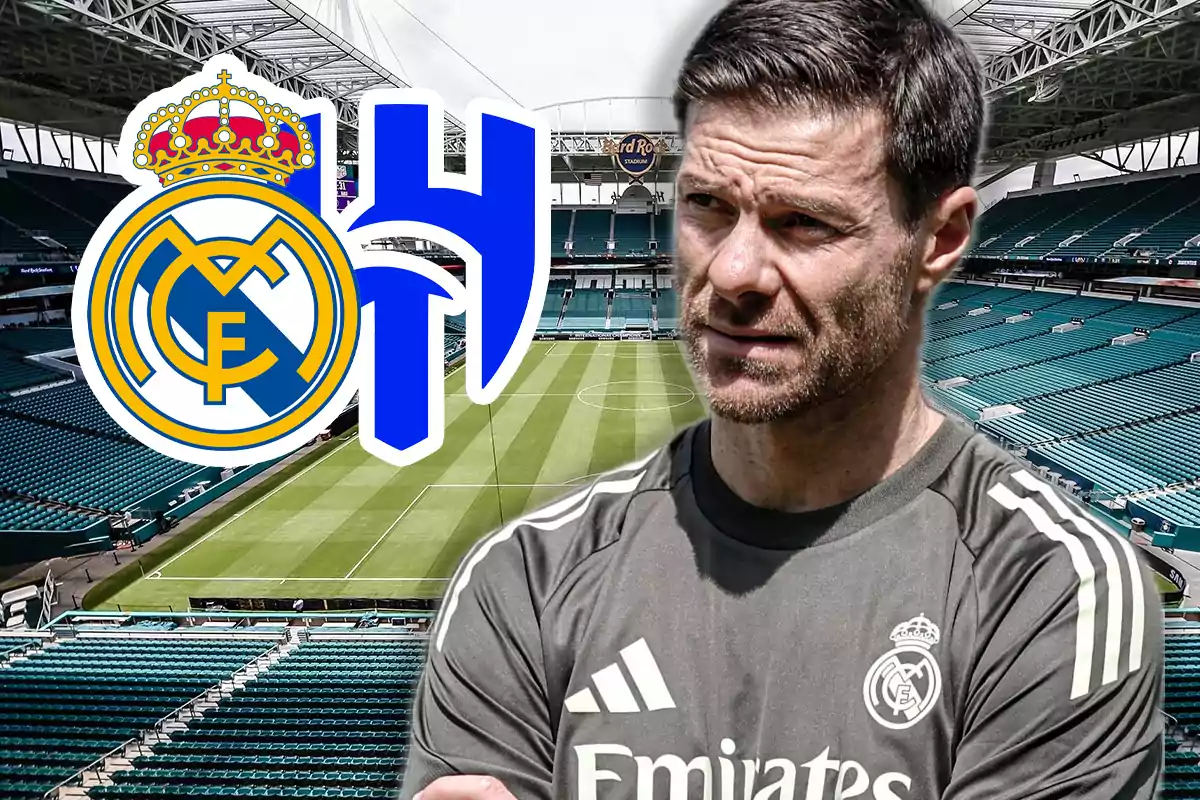 Real Madrid coach in a stadium with the crests of Real Madrid and Club Olimpia superimposed