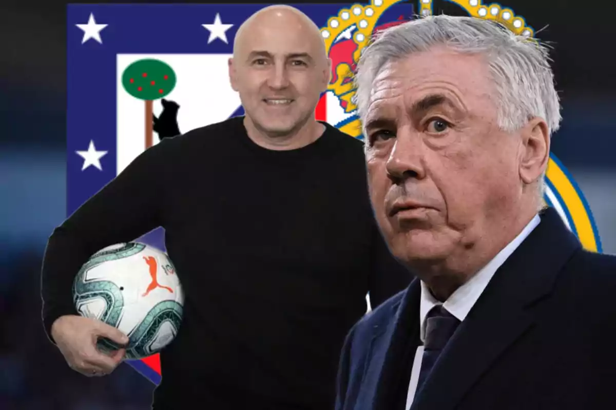 Two men pose in front of a background with soccer team crests, one of them holding a ball.