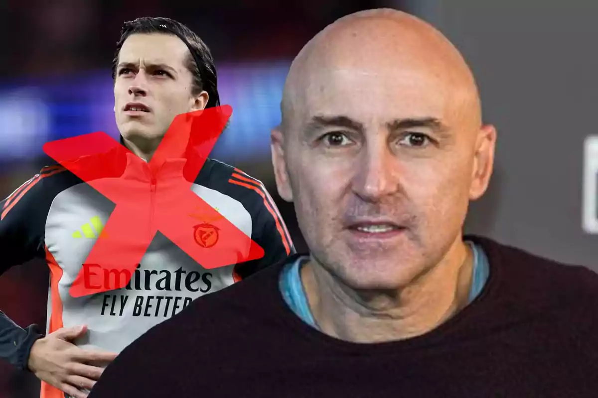 A bald man appears in the foreground while behind him there is a player with a big red X over his image.