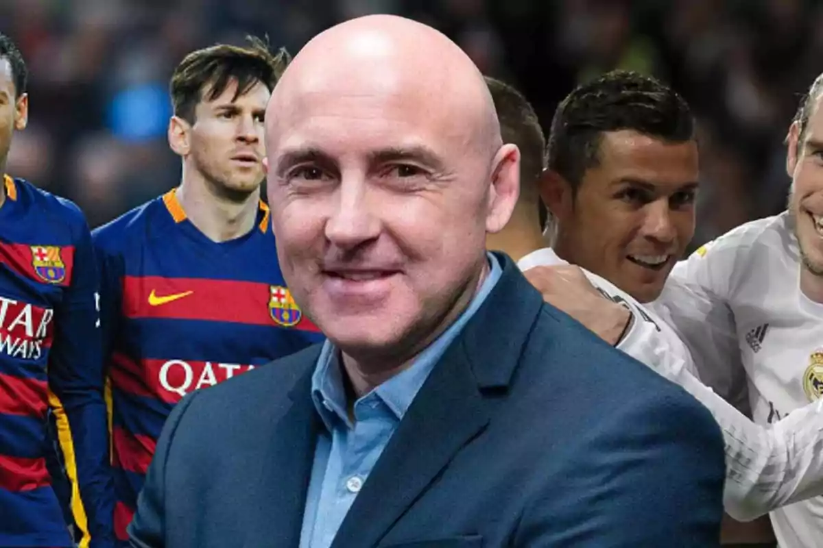 A bald man in a blue jacket is in the foreground, while behind him there are players in Barcelona and Real Madrid uniforms.