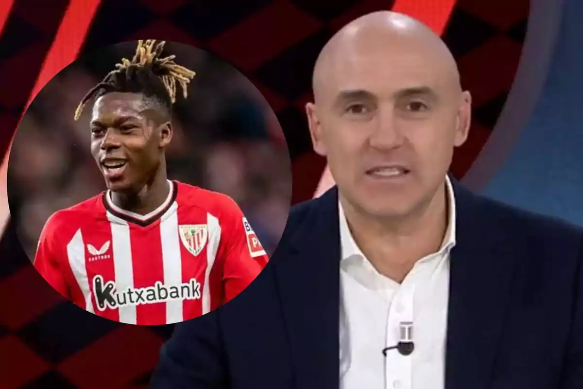 A player from Athletic Club appears in a circle next to a bald TV host with a dark background.