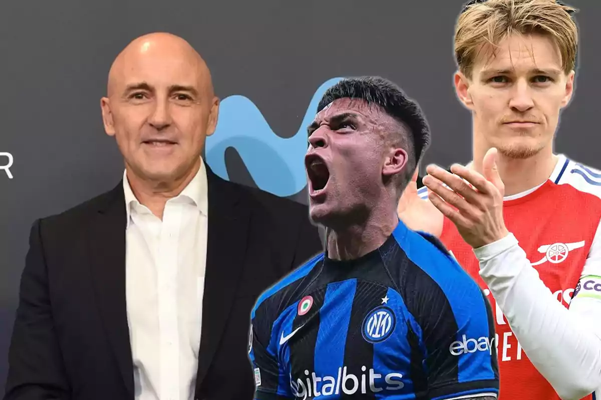 Three men pose together, one in formal attire, another in an Inter Milan soccer uniform celebrating, and the third in an Arsenal uniform clapping.