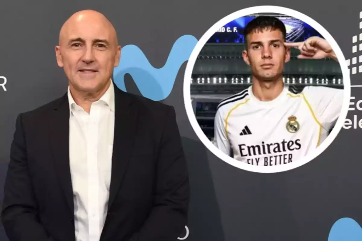 Bald man in a dark suit and white jersey posing in front of a background with logos, accompanied by a circular image of a young man wearing a Real Madrid jersey