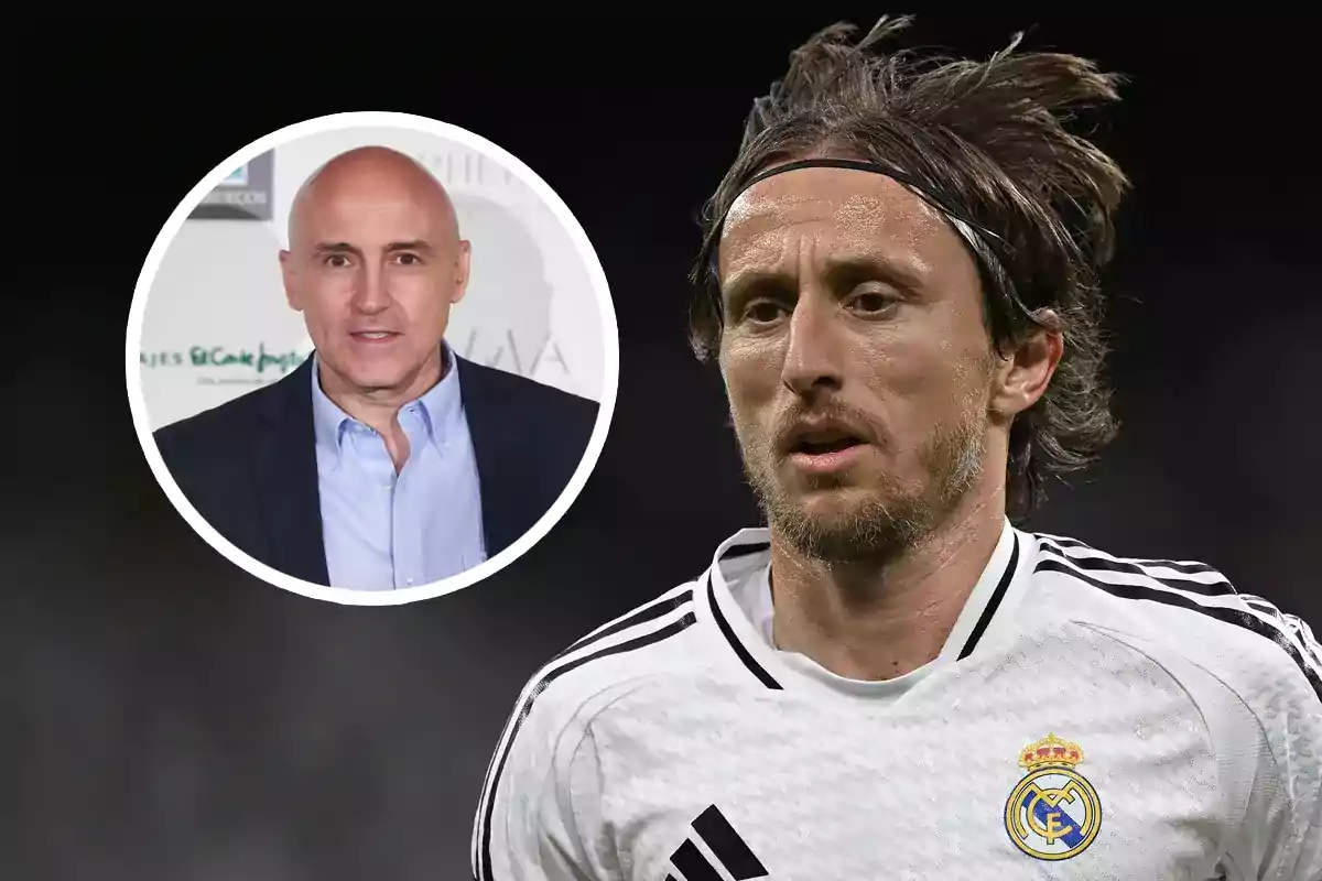 Un futbolista del Real Madrid en primer plano con una imagen circular de un hombre calvo en traje al fondo