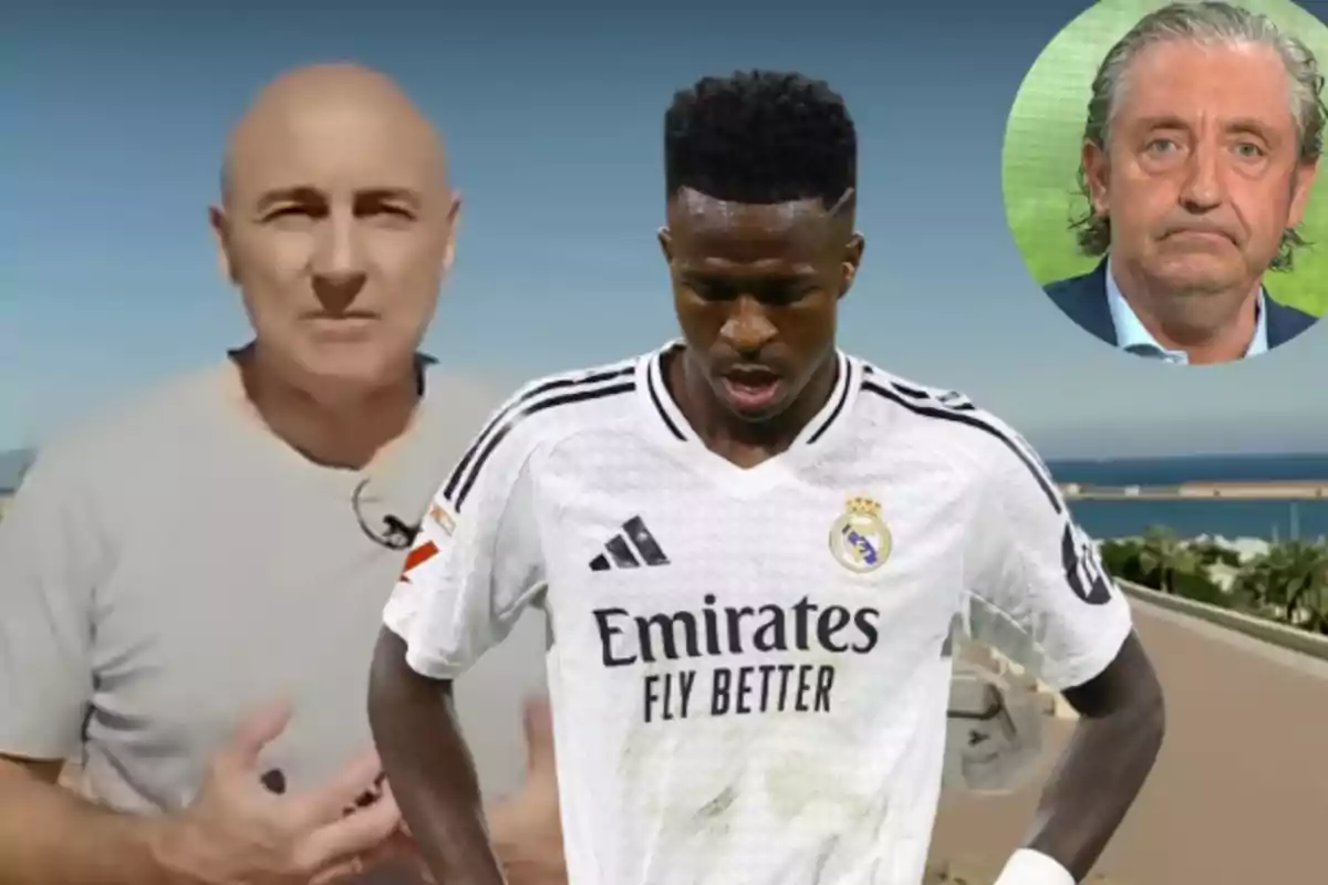 Un jugador de fútbol con el uniforme del Real Madrid aparece en primer plano, mientras que al fondo se ven dos hombres, uno en un entorno al aire libre y otro en un círculo con fondo verde.