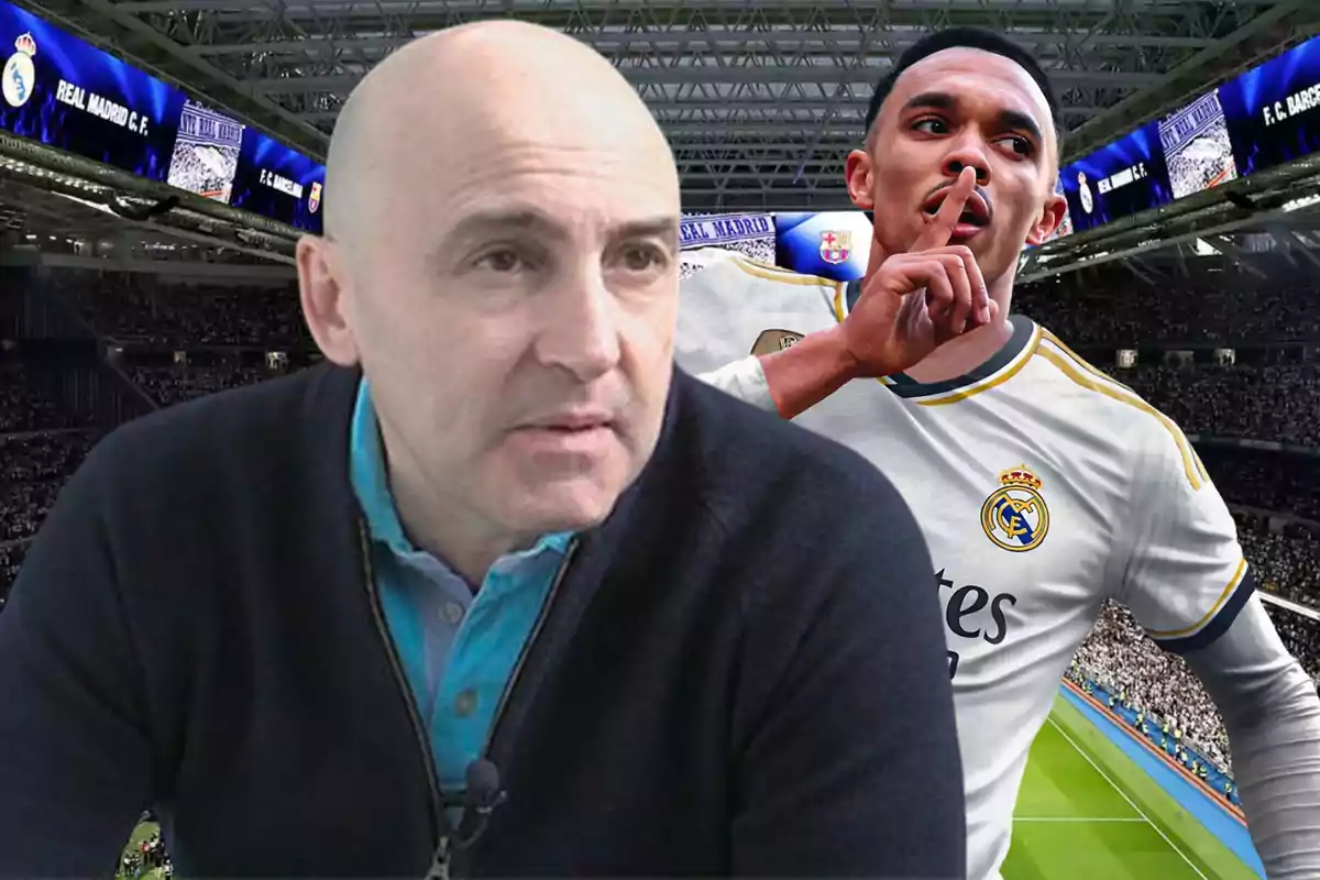 A bald man in the foreground with a soccer stadium in the background and a Real Madrid player celebrating behind him.