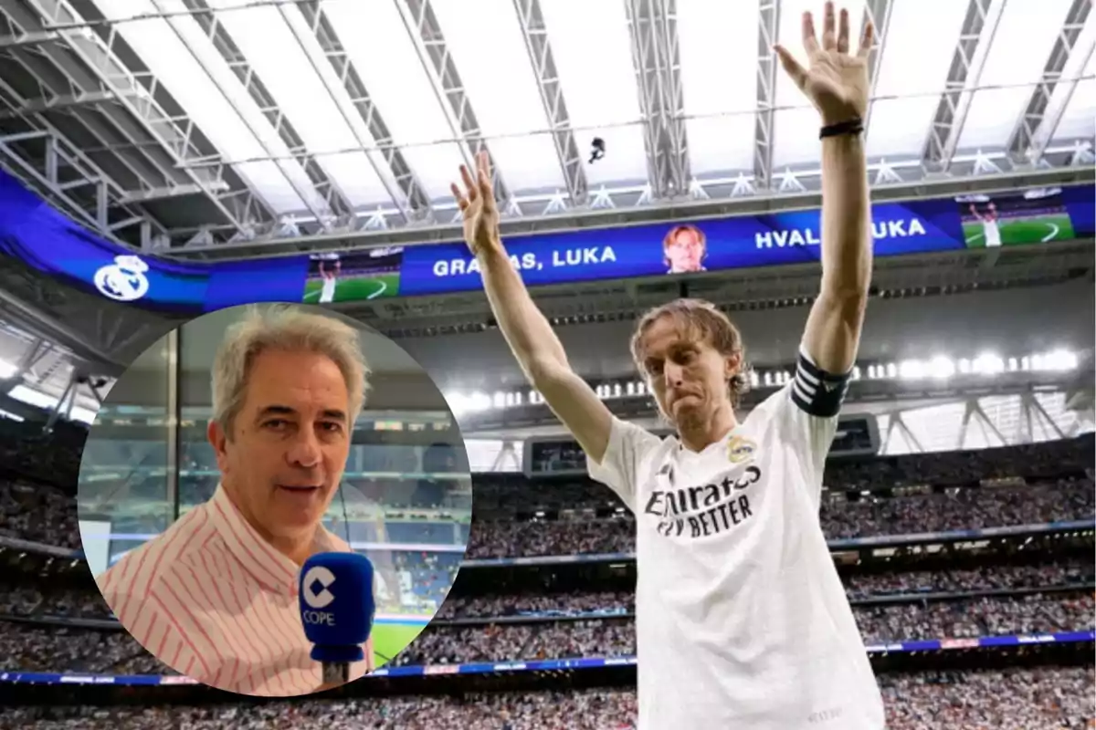 Un jugador de fútbol levanta los brazos en un estadio lleno, mientras en la pantalla se lee "Gracias, Luka"; en un recuadro, un hombre sostiene un micrófono de la cadena COPE.