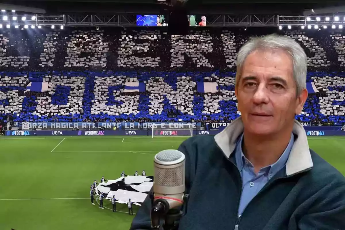 A man with a microphone in front of a soccer stadium full of fans holding signs forming a mosaic.