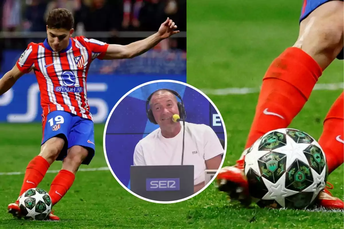 An Atlético de Madrid player kicks a ball during a match while, in an inset, a sports commentator wearing headphones and a microphone sits in front of a computer.