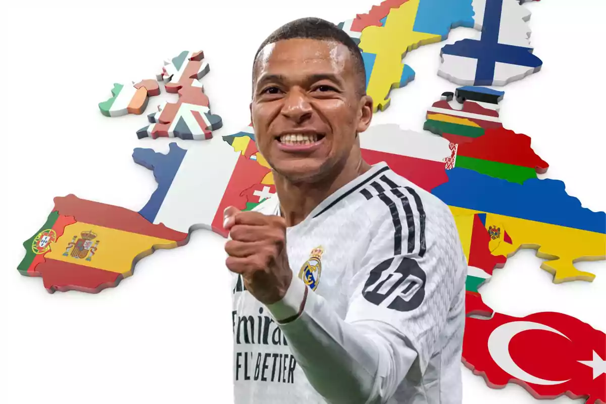 Un jugador de fútbol con uniforme blanco celebra frente a un mapa de Europa con banderas de diferentes países.