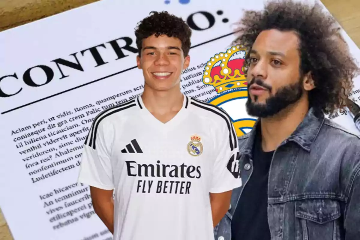 Dos personas posan frente a un documento con el título "CONTRATO" y el escudo de un equipo de fútbol.