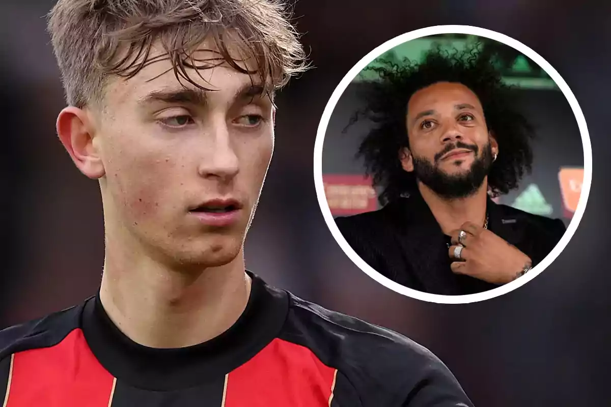 A young player in a red and black jersey appears in the foreground while another person with curly hair and a beard is shown in a circle.