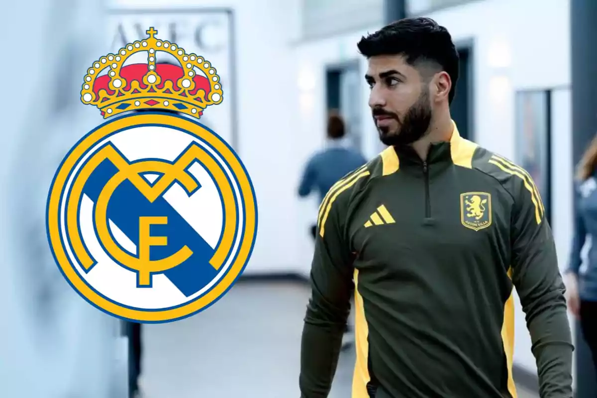 A man in a green and yellow Aston Villa sports sweatjersey, next to the Real Madrid crest.