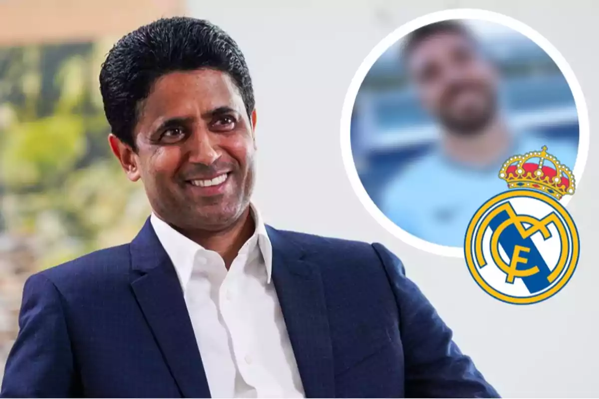 Smiling man in a suit with a circle showing a blurred person and the Real Madrid crest in the top right corner