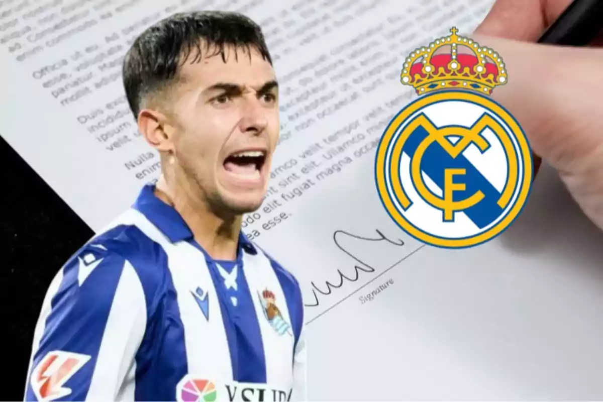 Un jugador de fútbol con uniforme azul y blanco aparece junto a un documento firmado y el escudo del Real Madrid.