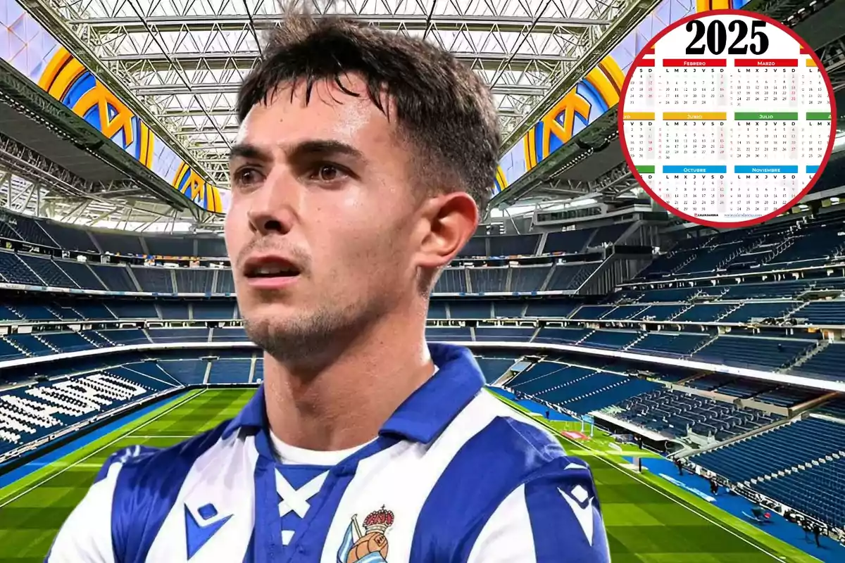 A soccer player in a blue and white uniform stands in an empty stadium with a calendar for the year 2025 in the upper right corner.