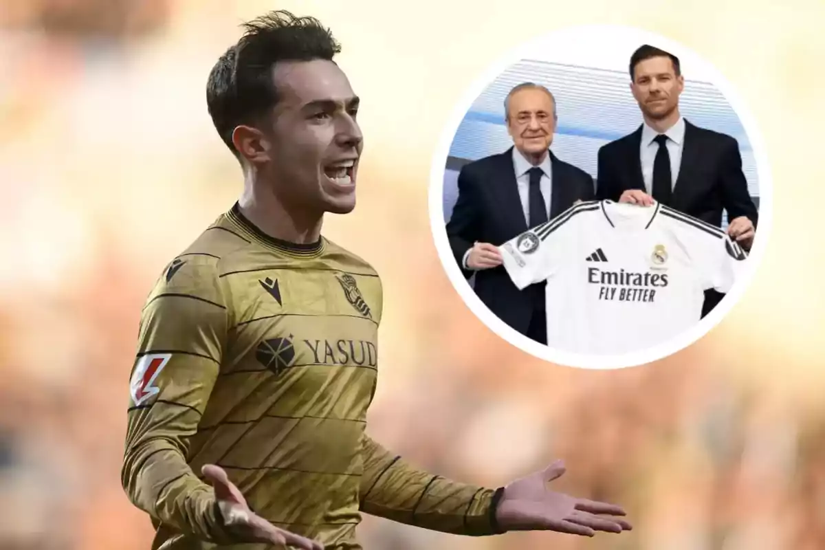 Real Sociedad player celebrating in the foreground with an inset showing two men holding a Real Madrid jersey