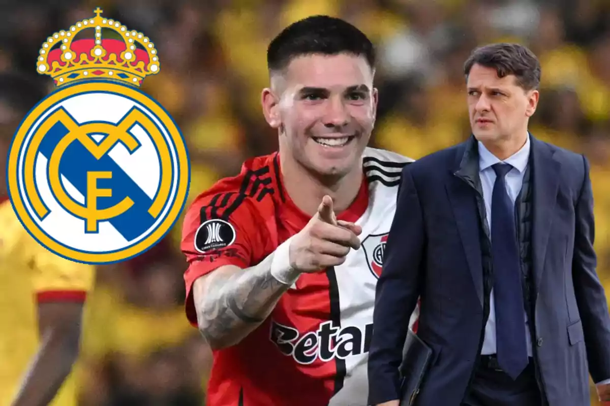 Un futbolista de River Plate sonríe y señala mientras un hombre con traje está a su lado y el escudo del Real Madrid aparece al fondo