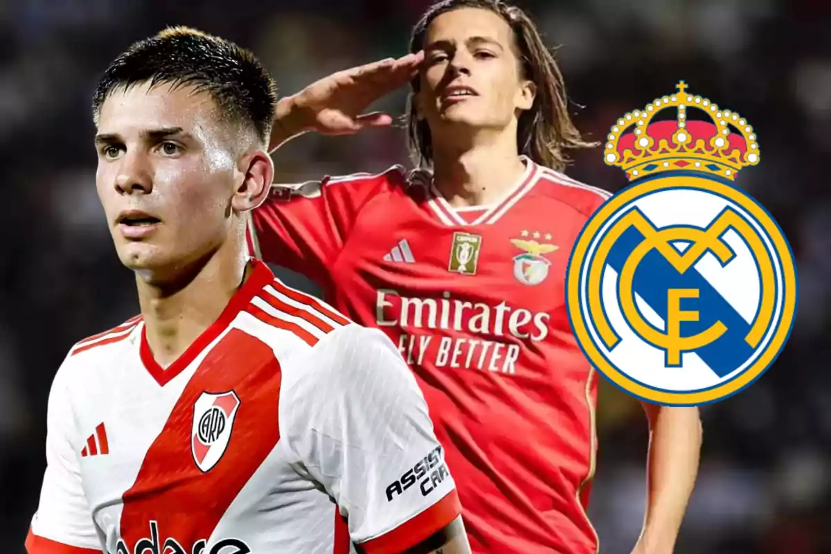 Dos futbolistas con los uniformes de River Plate y Benfica junto al escudo del Real Madrid