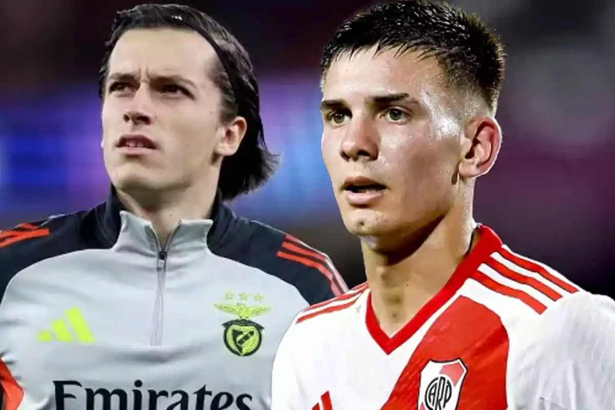 Two players wearing Benfica and River Plate uniforms looking forward in a stadium
