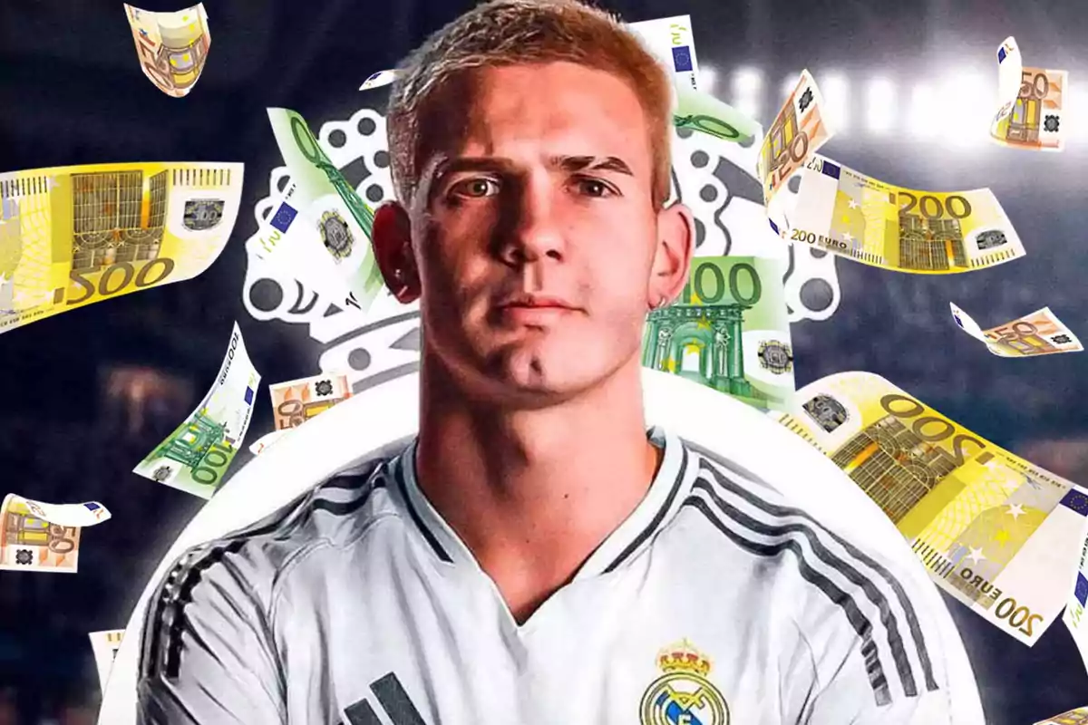 Un futbolista con la camiseta del Real Madrid aparece en primer plano mientras billetes de euro flotan a su alrededor en un ambiente de estadio iluminado.